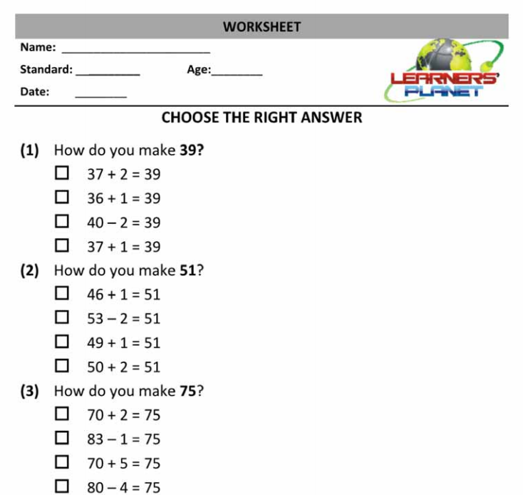 Mental math worksheets printable with MCQs